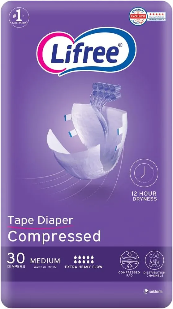 Lifree Adult Diaper Adhesive Tape Super Absorbent Package, Medium 30 Pads