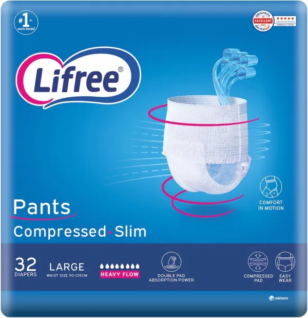 Lifree Slim Culotte Adult Diaper Pants, Large Size, 6 Cup Absorbency, Mega Pack, 32 Pieces