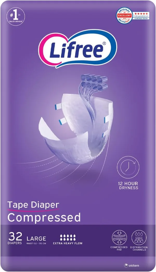 Lifree Compressed Adult Diaper Tape, Large Size, 8 Cup Absorbency, Mega Pack, 32 Pieces