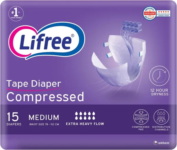 Lifree Tape, Compressed, Adults Diapers, Medium, 15 Pcs