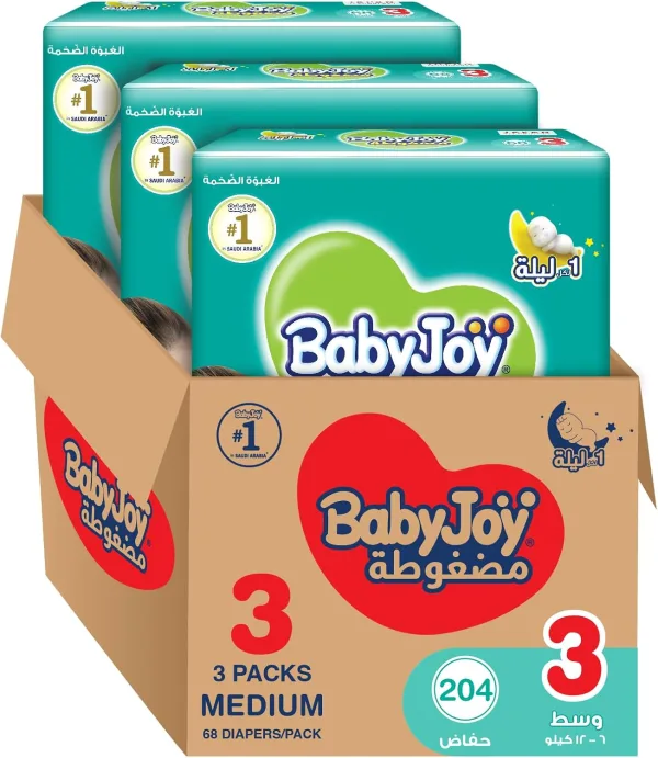Babyjoy Compressed Diamond Pad, Size 3, Medium, 6-12 Kg, Mega Box, 204 Diapers