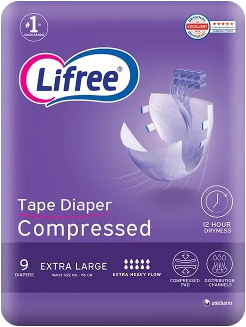 Lifree Compressed Adult Diaper Tape, XL Size, 8 Cup Absorbency, Regular Pack, 9 Pieces