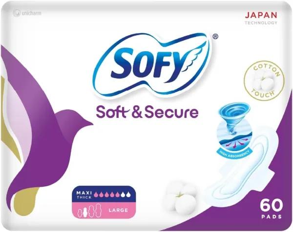 SOFY Soft & Secure, Folded Sanitary Pads with Wings, Thick Large 29 cm, Pack of 60 Pads (50 + 10 Free)