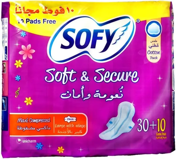 SOFY Soft & Secure, Unfolded Sanitary Pads with Wings, Maxi Compressed, Large 29 cm, Pack of 40 Pads (30 + 10 Free)