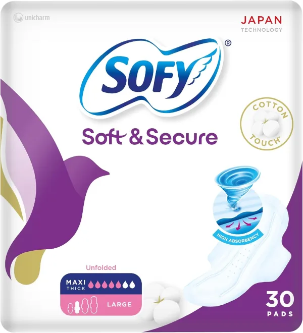 SOFY Soft & Secure, Unfolded Sanitary Pads with Wings, Maxi Compressed, Large 29 cm, Pack of 30 Pads