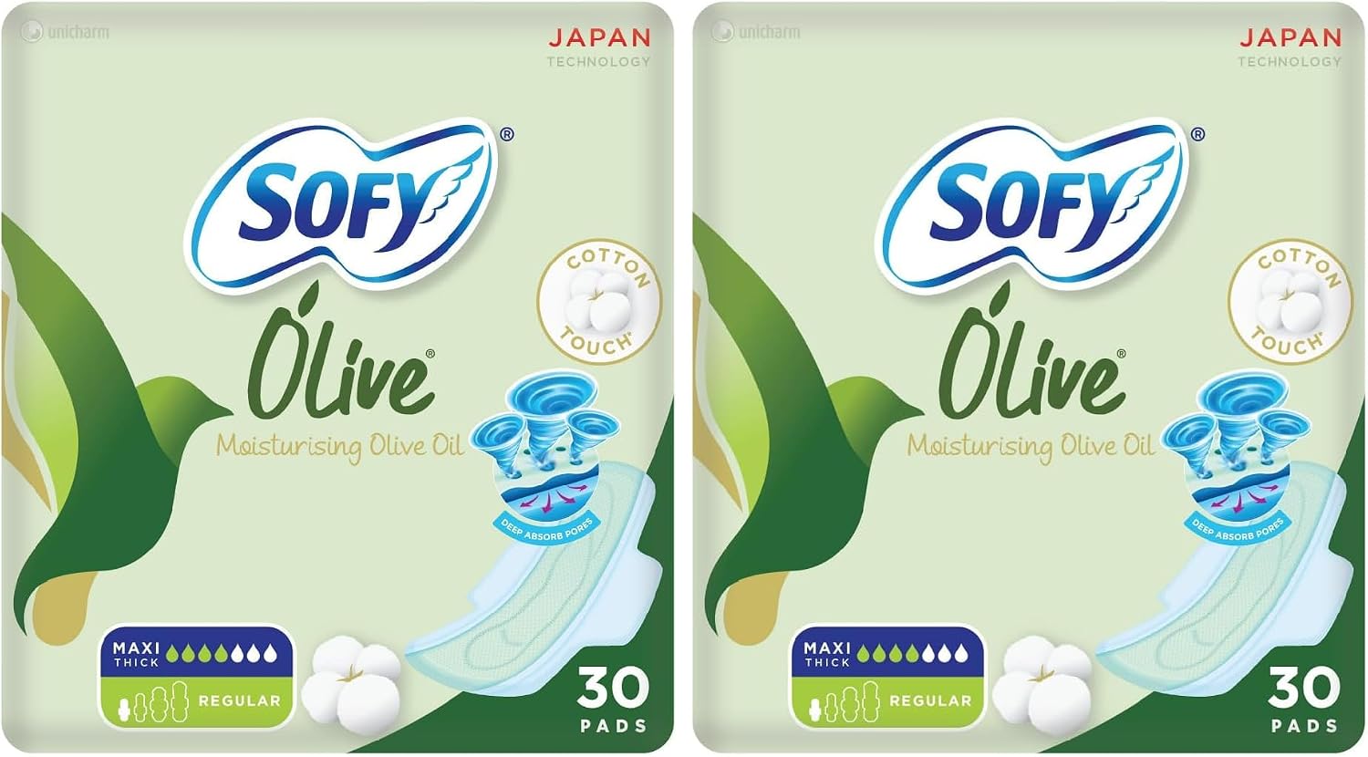 SOFY Olive Sanitary Pads With Wings, Slim, Regular 23 cm, Pack of 30 Pads