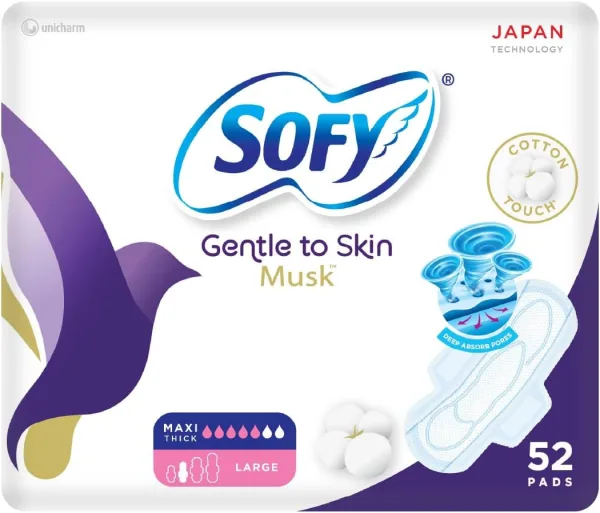 SOFY Gentle to Skin Anti-Bacterial Musk Pads with Wings, Slim, Large 29 cm, Pack of 52 Pads