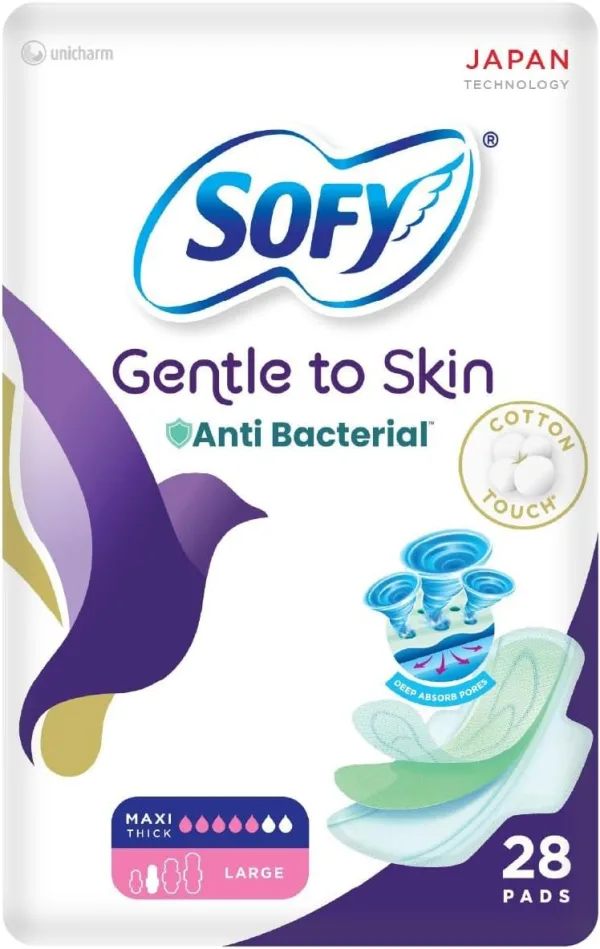 SOFY Gentle to Skin Anti-Bacterial Pads with Wings, Slim, Large 29 cm, Pack of 28 Pads