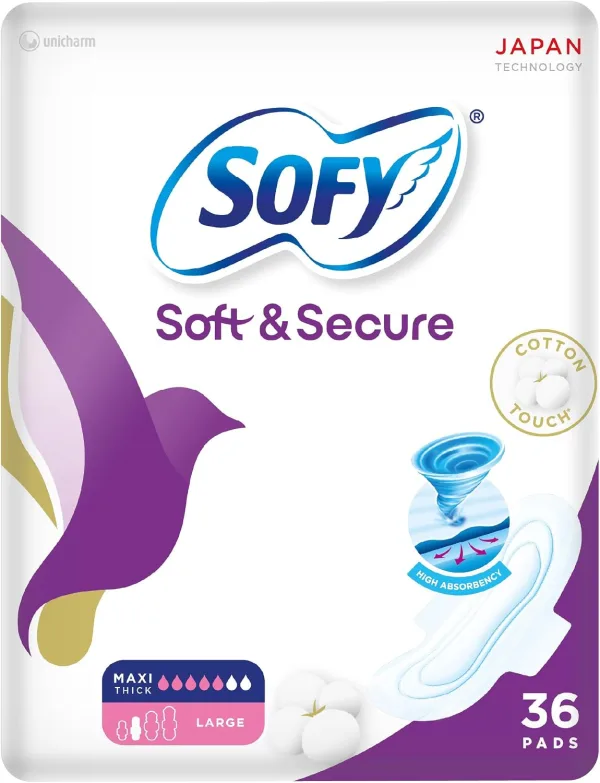 SOFY Soft & Secure, Folded Sanitary Pads with Wings, Slim, Large 29 cm, Pack of 36 Pads (30 + 6 Free)