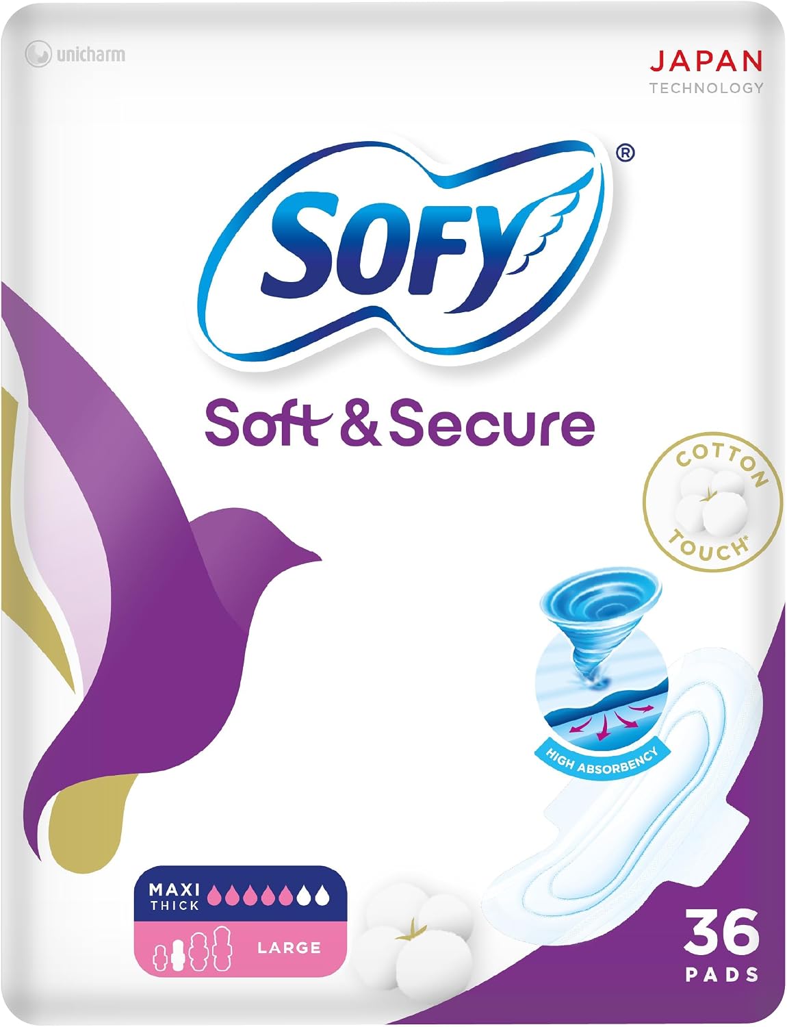 SOFY Soft & Secure, Folded Sanitary Pads with Wings, Slim, Large 29 cm, Pack of 36 Pads (30 + 6 Free)