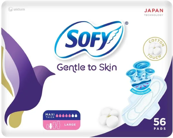 SOFY Gentle to Skin Sanitary Pads with Wings, Slim, Large 29 cm, Pack of 56 Pads (50 + 6 Free)