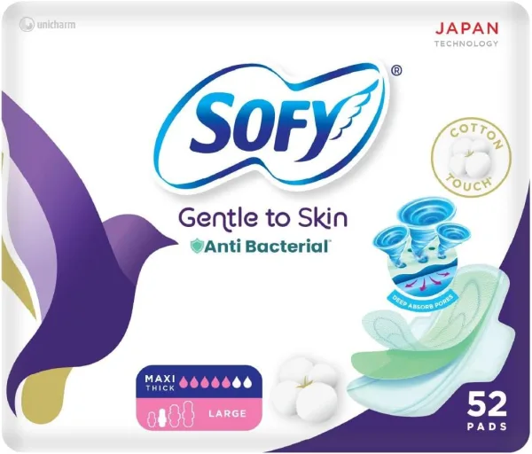 Sofy Anti-Bacterial, Slim, Large 29 Cm, Sanitary Pads With Wings, Pack Of 52 Pads