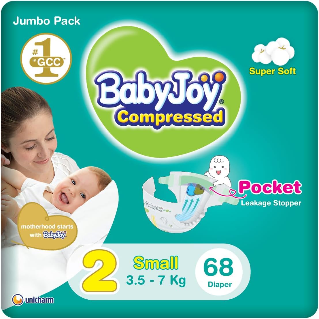 Babyjoy Compressed Diamond Pad, Size 2, Small, 3.5-7 Kg, Jumbo Pack, 68 Diapers