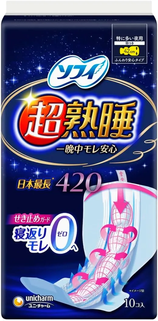 Sofy Super Sleep Guard 420 Night Pads with Wings – 42cm | Overnight Sanitary Pads for Especially Heavy Flow | 360° Leak Protection | Ultra Comfort Fit | Feels Like Cotton | Made in Japan| 10 pcs.