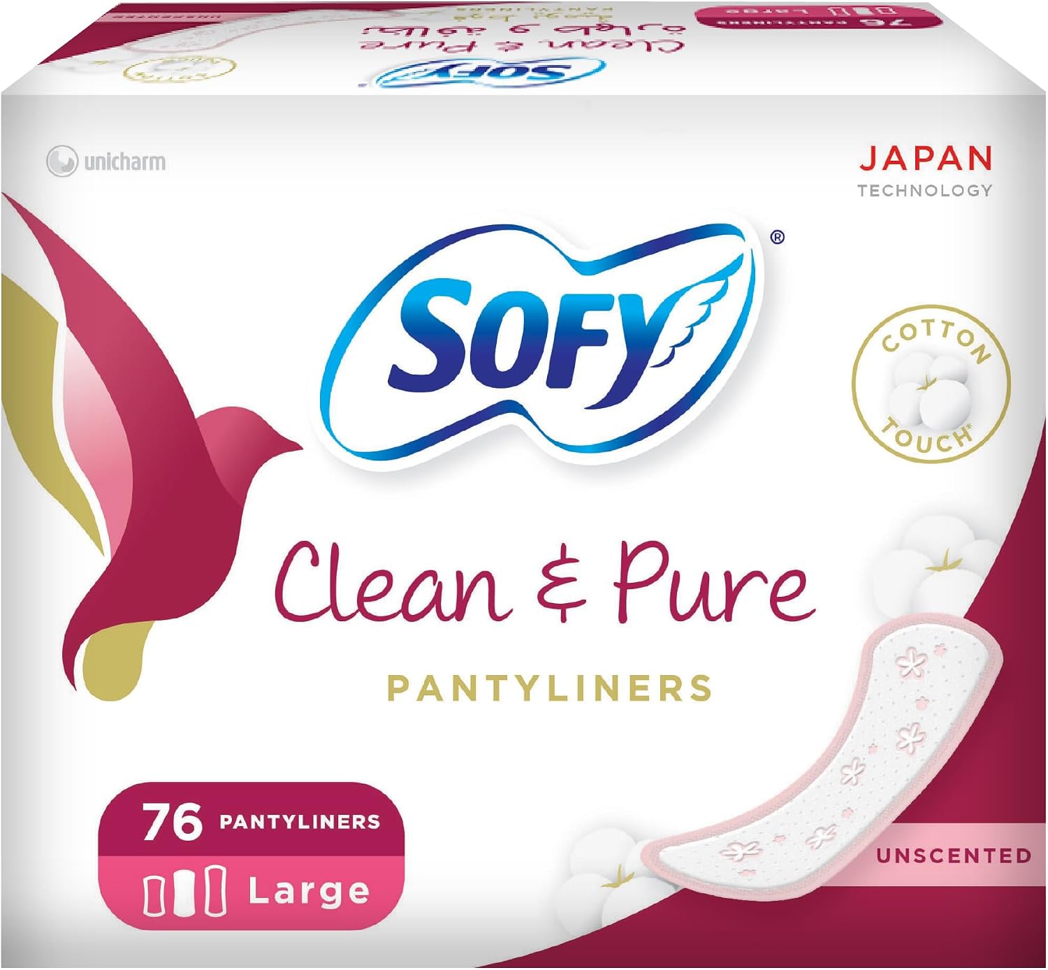 SOFY Clean & Pure Panty Liner, 175 mm, Large, Unscented, Pack 76 Panty Liners