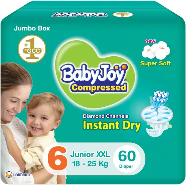 Babyjoy Compressed Diamond Pad, Size 6, Junior Xxl, 16+ Kg, Jumbo Box, 60 Diapers