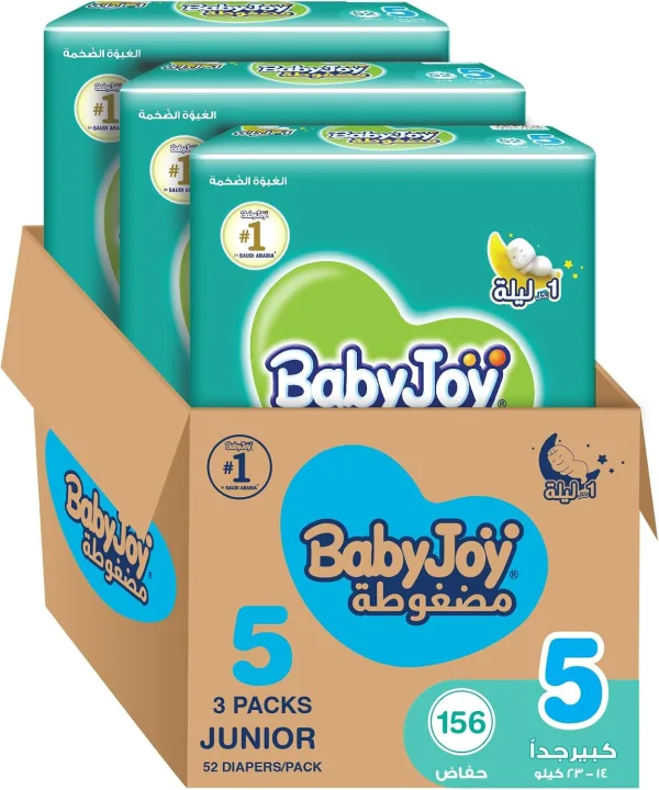 BabyJoy Compressed Diamond Pad Diaper, Size 5, Junior, 14-23 Kg, Mega Box, 156 Diapers