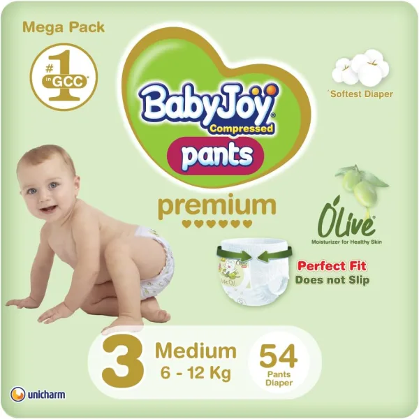 Babyjoy Olive Pants, Size 3 Medium, Mega Pack, 6-12 Kg , 54 Count