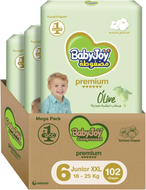BabyJoy Olive Tape Diaper, Size 6, Junior XXL, 16-25 Kg, Mega Box, 102 Diapers