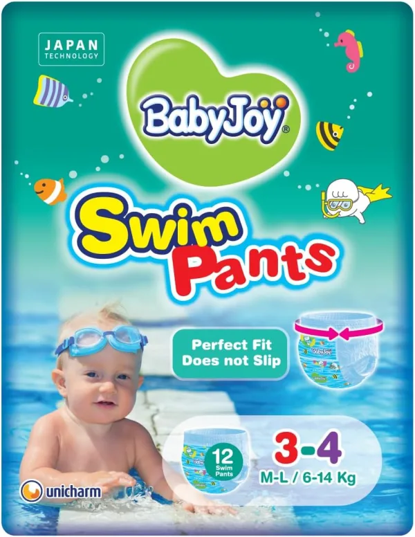 BabyJoy Swim Pants Diaper, Size 3-4, Medium - Large, 6-14 Kg, Saving Pack, 12 Swim Pants