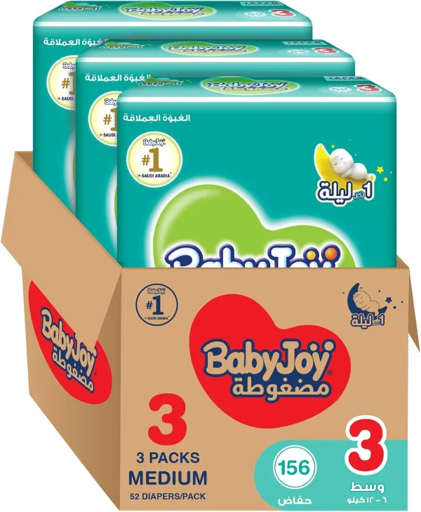 Babyjoy Compressed Diamond Pad Diaper, Jumbo Pack Medium Size 3, Count 156, 6-12 Kg