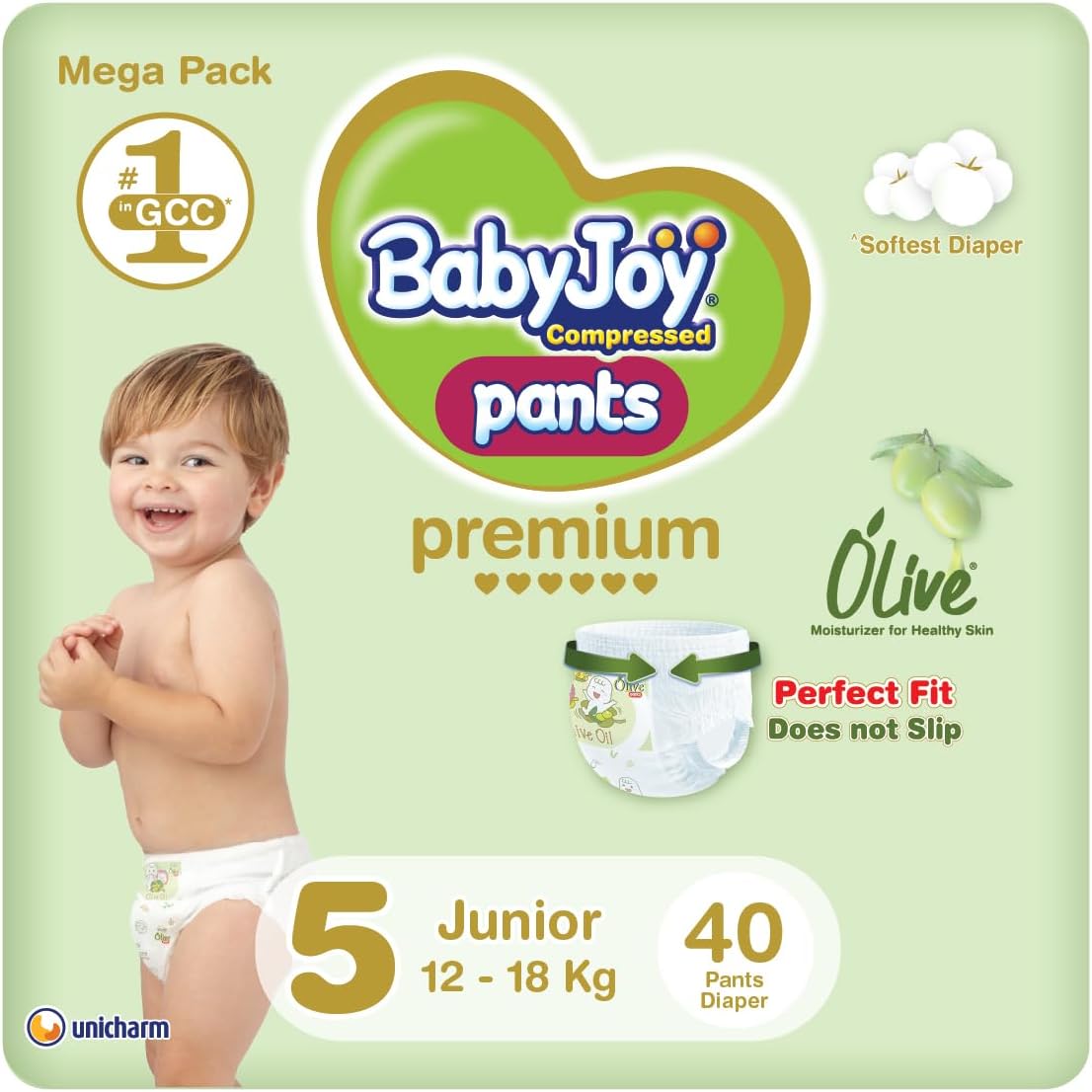 Babyjoy Olive Pants, Size 5 Junior, Mega Pack, 12-18 Kg, 40 Count