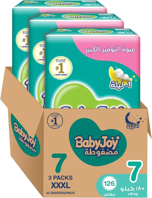 BabyJoy Compressed Diamond Pad Diaper, Size 7, Junior 3XL, 18+ Kg, Giant Box, 126 Diapers