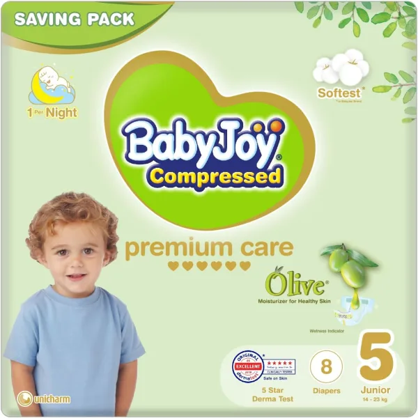 BabyJoy Olive, Size 5, Junior, 14-23 Kg, Saving Pack, 8 Diapers