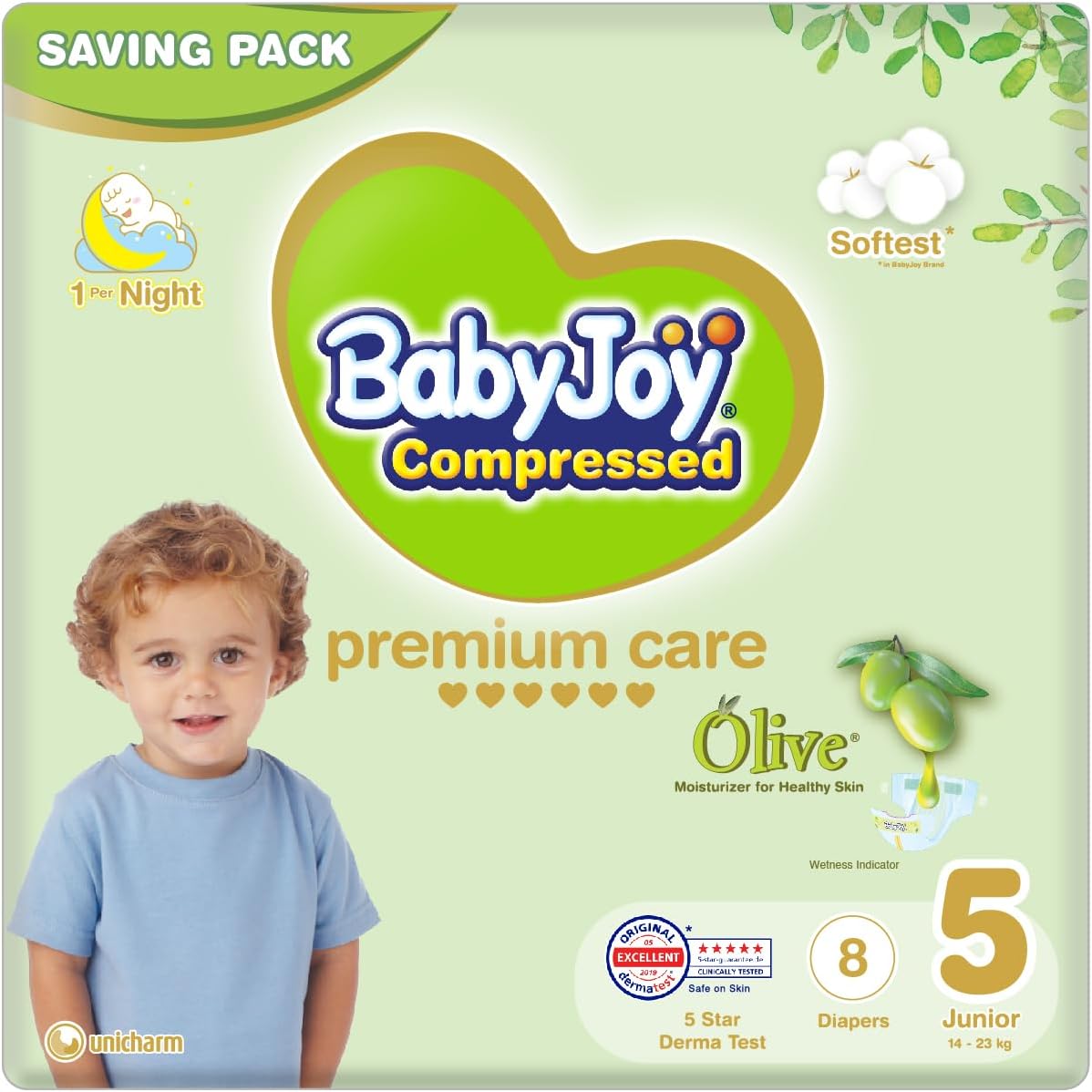 BabyJoy Olive, Size 5, Junior, 14-23 Kg, Saving Pack, 8 Diapers