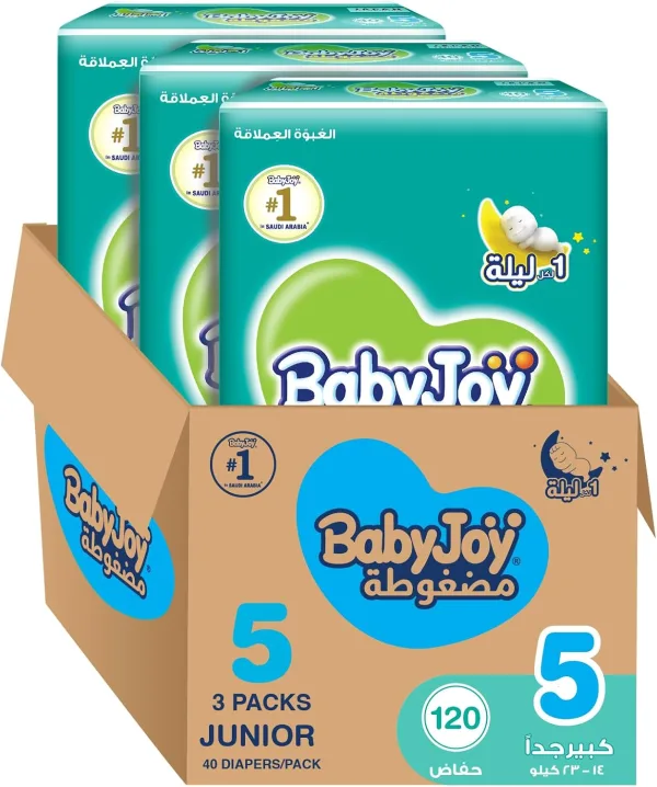 Babyjoy Compressed Diamond pad Diaper, Jumbo Pack, Junior Size 5, Count 120, 14-23 KG