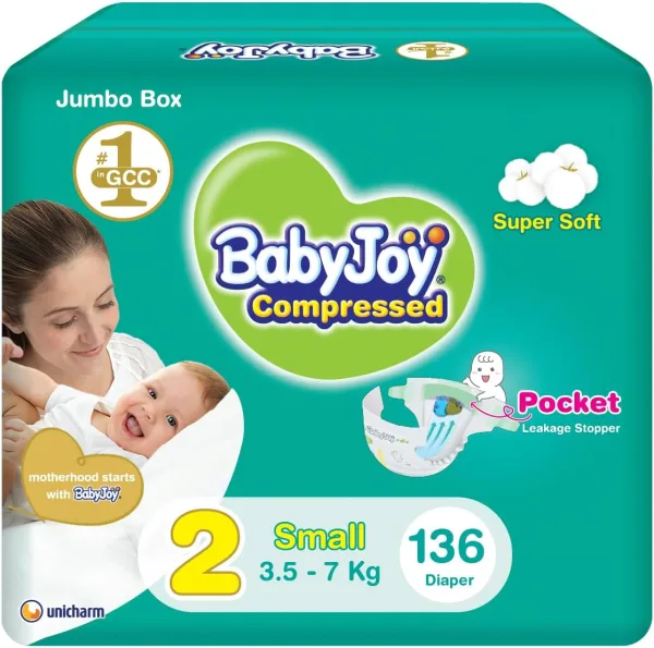 Babyjoy Compressed Diamond Pad, Size 2, Small, 3.5-7 Kg, Jumbo Box, 136 Diapers