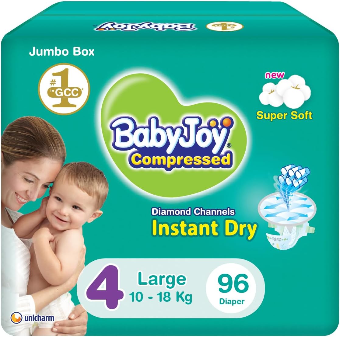 Babyjoy Compressed Diamond Pad, Size 4, Large, 10-18 Kg, Jumbo Box, 96 Diapers