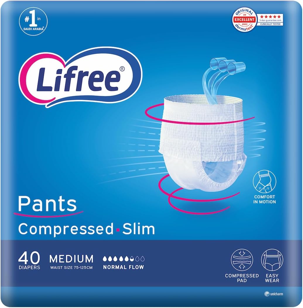 Lifree Slim Culotte Adult Diaper Pants, Medium Size, 3 Cup Absorbency , Mega Pack, 40 Pieces
