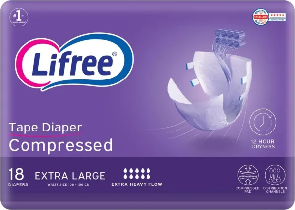 Lifree Tape Compressed, Adult Diapers 8 Cups, X Large 18 Pcs