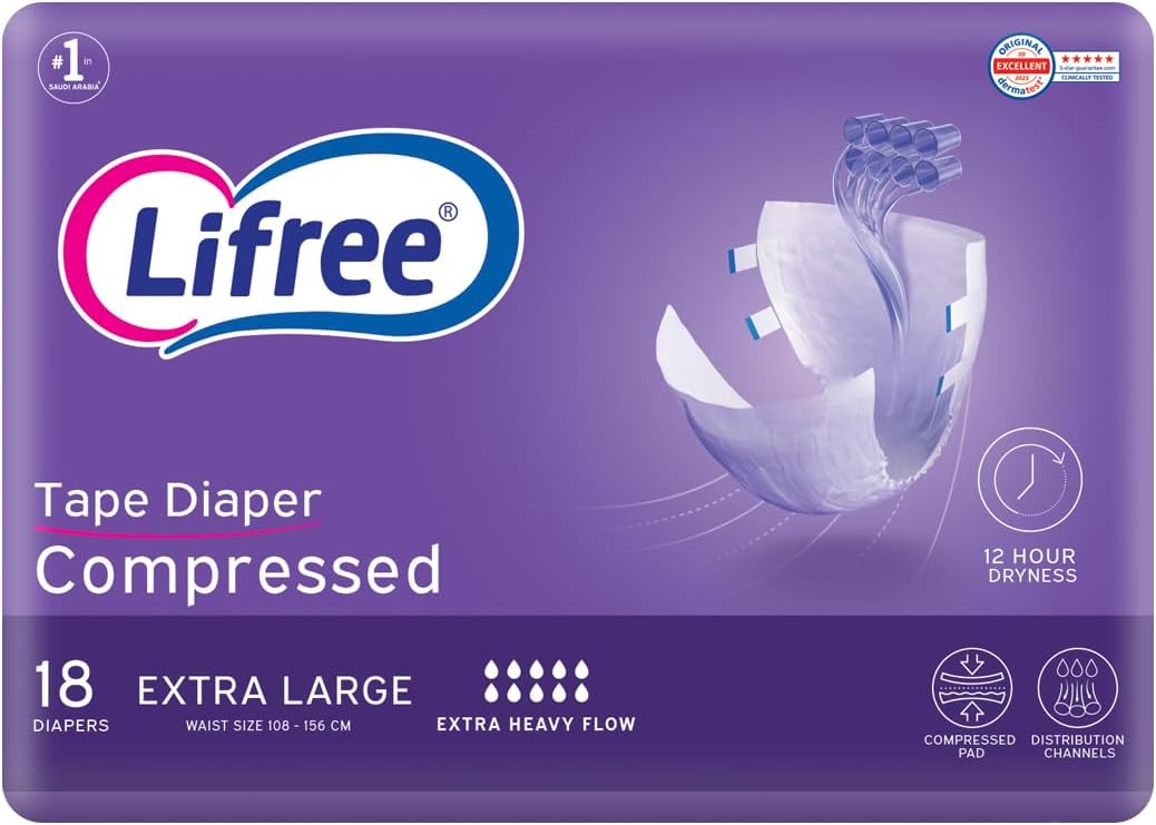 Lifree Tape Compressed, Adult Diapers 8 Cups, X Large 18 Pcs